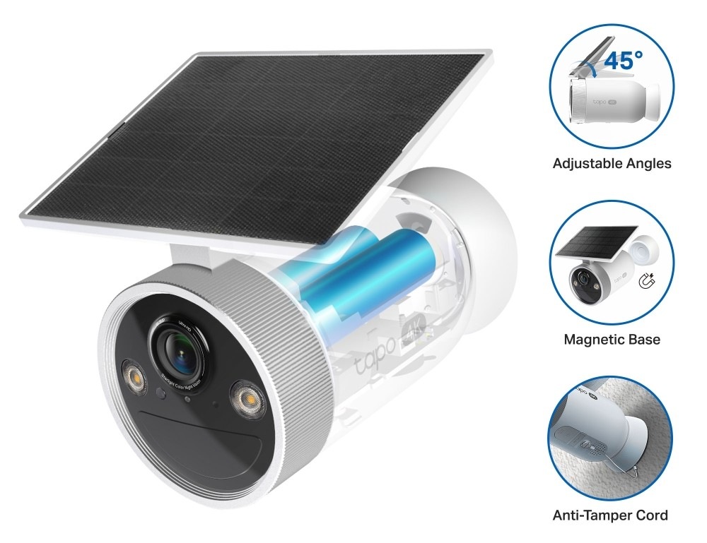IP kamera TP-Link Tapo C465 4K Solar obsahuje dobíjaciu batériu pre chod až 180 dní bez slnka