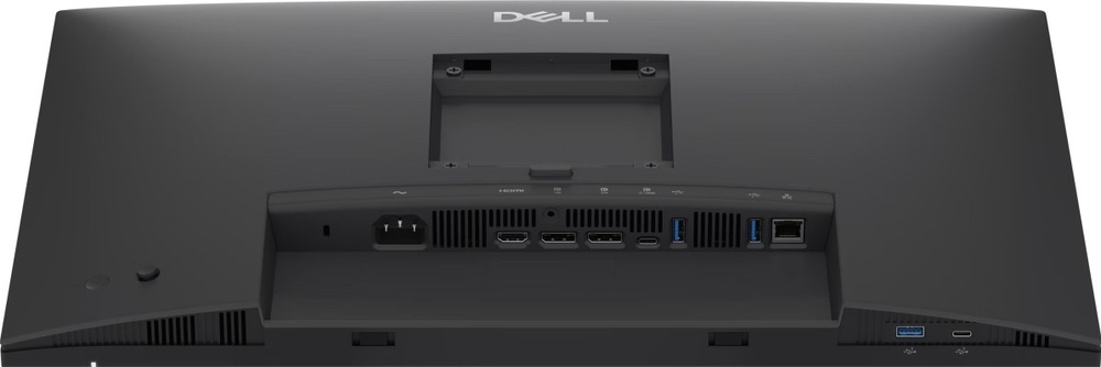 Zadný pohľad na monitor Dell Pro P2426E bez stojana, s odkrytým uchytením VESA, vetracími otvormi a konektormi pre napájanie, HDMI, dva DisplayPorty, USB-A, USB-C a RJ-45.