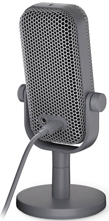 Mikrofón ENDORFY Solum Voice S , pop-up , RGB sivý Detail zadnej strany šedého mikrofónu Endorfy s USB-C pripojením a slúchadlovým výstupom.