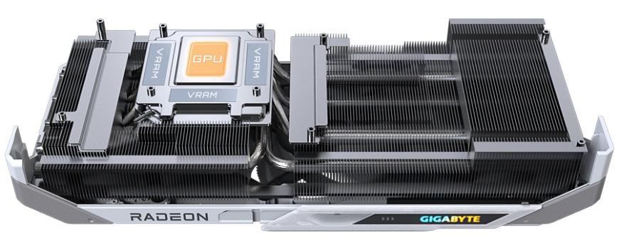 Grafická karta GIGABYTE Radeon RX 9070 XT GAMING OC ICE 16G biela Detail chladiča grafickej karty GIGABYTE RX 9070 XT s medenou základňou a heatpipe