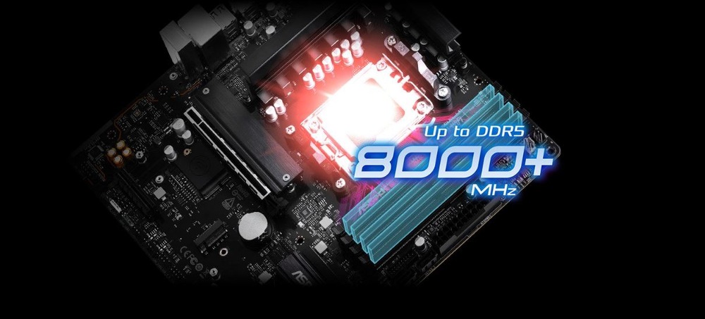 Základná doska ASRock A620AM PRO-A čierna Detail základnej dosky počítača so žiariacim procesorom a textom s označením „Až DDR5 8000+ MHz“ nad slotmi RAM, ktorý znázorňuje vysoko výkonnú technológiu.