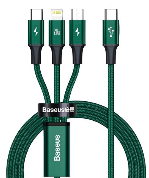 Kábel Baseus Rapid Series 3v1 USB-C (Micro USB/Lightning/USB-C) PD 20W 1,5m zelený Kábel Baseus Rapid Series 3v1 USB-C (Micro USB/Lightning/USB-C) PD 20W 1,5m zelený