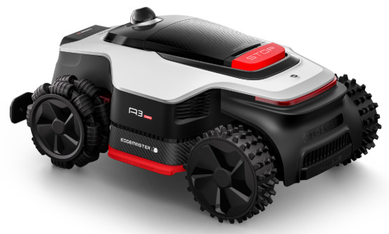 Robotická kosačka Dreame A3 AWD Pro 2500 Bočný pohľad na robotickú kosačku Dreame A3 AWD Pro 2500 s terénnymi kolesami a tlačidlom STOP