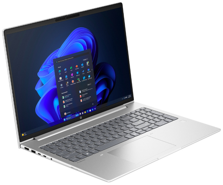 Notebook HP ProBook 4 G2a 16" strieborný Otvorený HP ProBook 4 G2a z ľavej strany s klávesnicou a displejom Windows 11 Pro