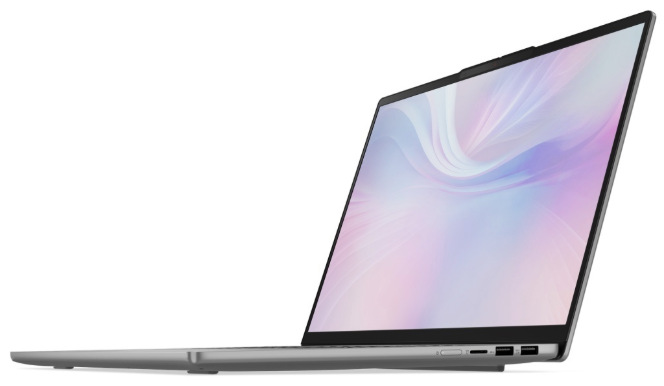 Sivý notebook Lenovo IdeaPad Slim 5 16AKP10 z bočného pohľadu s otvoreným 16″ displejom