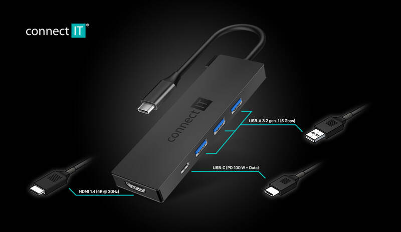 USB Hub Connect IT USB-C/3x USB 3.2, HDMI, USB-C PD 100W sivý