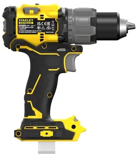 Aku vŕtačka Stanley FatMax SFMCD726M2T-QW (s baterií) Bočný pohľad na aku vŕtačku Stanley FatMax so štítkom technických parametrov.