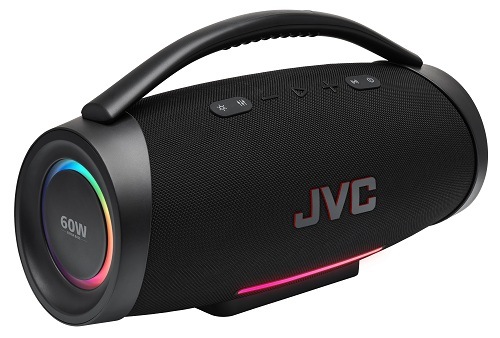 Čierny prenosný reproduktor JVC XS-E834B s madlom, zapnutým LED osvetlením a logom JVC uprostred
