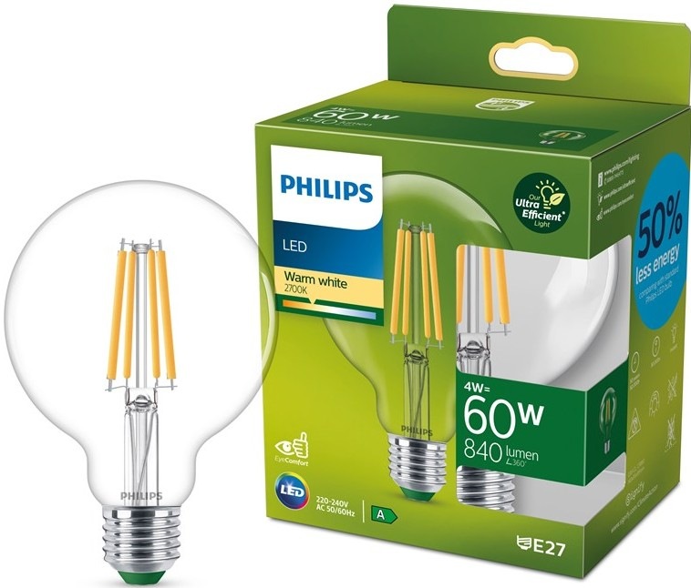 Žiarovka LED Philips 60W, filament, G95, E27, teplá biela