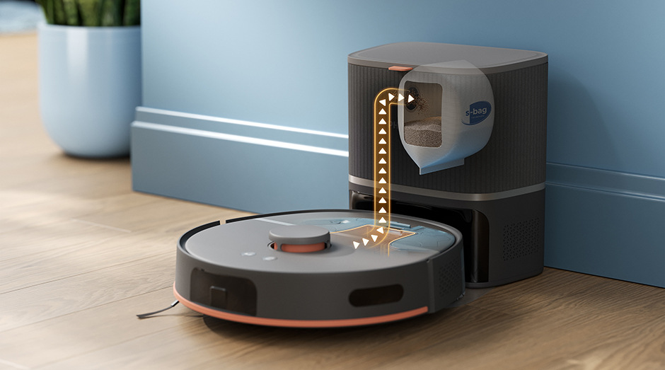 Robotický vysávač Philips 5000 Series XU5100/10 sivý Detailný záber vyprázdňovania vrecka Robot. vys. so stanicou Philips XU5100/10 5000 Series