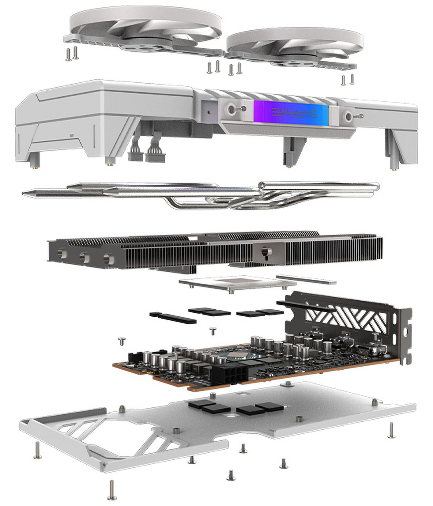 Grafická karta Sapphire Pure AMD Radeon RX 9060 XT GAMING 16GB Rozložený technický pohľad na grafickú kartu Sapphire Pure RX 9060 XT s oddelenými ventilátormi, chladičom, heatpipes, PCB a backplatom