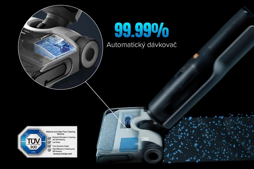 Tyčový vysávač Roborock F25 ACE Combo čierny Detail tyčového vysávača Roborock F25 ACE Combo s automatickým dávkovačom čistiaceho roztoku pre hygienické a efektívne upratovanie.