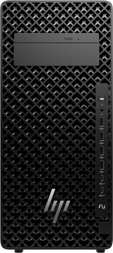Stolný počítač HP Z2 Tower G1i čierny Na obrázku je čelný pohľad na čierny stolný počítač HP Z2 Tower G1i. Celé čelo pokrýva výrazná perforovaná mriežka s pravidelným kosoštvorcovým vzorom. Hore je široká pozícia pre optickú mechaniku a vpravo zvislý ovládací panel s tlačidlom zapnutia, audio konektorom, štyrmi USB portami a dvoma USB-C portami. V spodnej časti je výrazné logo HP.