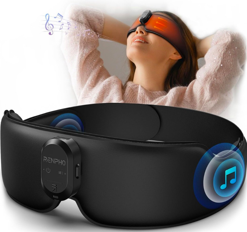 Masážny prístroj na očné okolie RENPHO Eyesnooze GS003 čierny Žena používa masku RENPHO GS003 s hudbou a vyhrievaním na relaxáciu