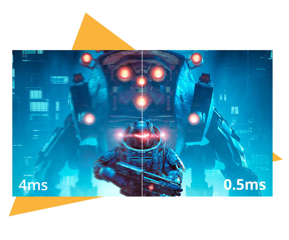 Futuristický obrnený vojak a obrí robot so žiariacimi svetlami v neónovej mestskej krajine, rozdelená obrazovka s dobou odozvy 4 ms a 0,5 ms.