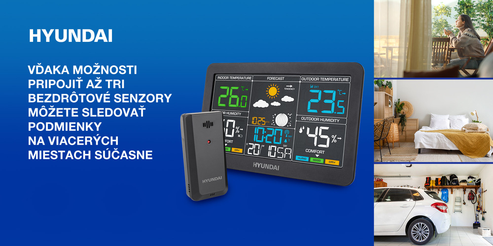 Meteostanica Hyundai WS 4480 zobrazujúca namerané hodnoty s externým senzorom