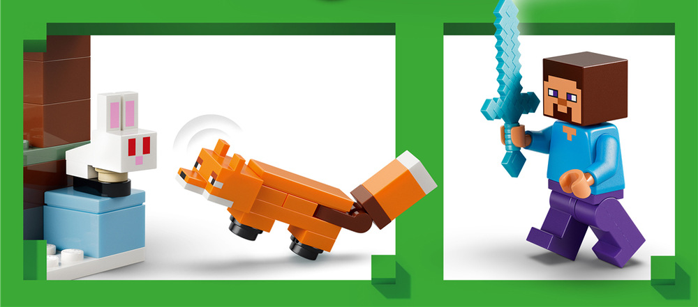 Stavebnica LEGO® Minecraft® 21583 Steve a dobrodružství v tajze Štyri minifigúrky LEGO dávajú deťom priestor presúvať postavy, meniť scénu a vymýšľať vlastné minecraftové dobrodružstvá