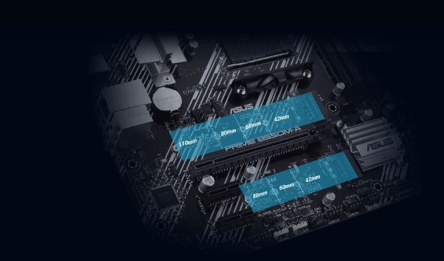 Základná doska Asus PRIME B550M-A/CSM čierna Detail základnej dosky počítača s označením slotov M.2 a modrými štítkami označujúcimi dĺžky: 110 mm, 80 mm, 60 mm a 42 mm.