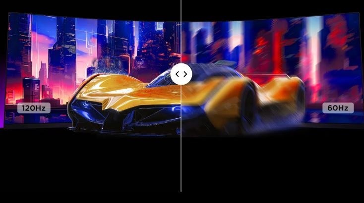 Herný monitor TCL 57R94 biely Na monitore TCL 57R94 je opäť scéna zachytávajúca rýchle pretekárske auto s názornou ukážkou, že vďaka vysokej obnovovacej frekvencii 120 Hz nedochádza k rozmazaniu ani trhaniu obrazu.
