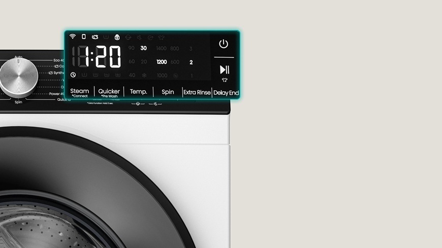 Detail na predný ovládací panel práčky Hisense WF3S9045BW3. LED displej je prehľadný