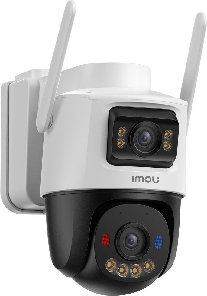 IP kamera Imou AOV Dual biela IP kamera Imou AOV Dual je zachytená z bočného uhla. Hore je pevná kamera s objektívom a štyrmi LED diódami na prisvietenie. Dole je otočná čierna časť s druhým objektívom, ďalšími LED diódami a červeno-modrým výstražným svetlom. Po stranách sú dve biele antény a vzadu držiak na montáž na stenu.