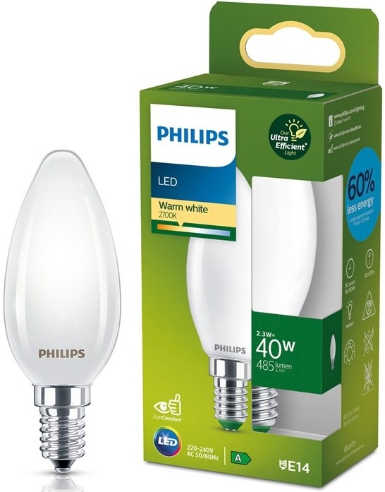 Žiarovka LED Philips 40W, sviečka, E14 vyžaruje teplé biele svetlo