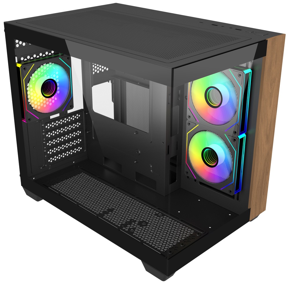Na snímke je pohľad cez ľavý predný roh do útrob presklenej pc skrine. Sú vidieť svietiace ventilátory a na pravej strane zvislá hnedá drevená lišta. Ďalej je na snímke vidieť aj horný kryt skrine a perforované dno aj zadná stena.