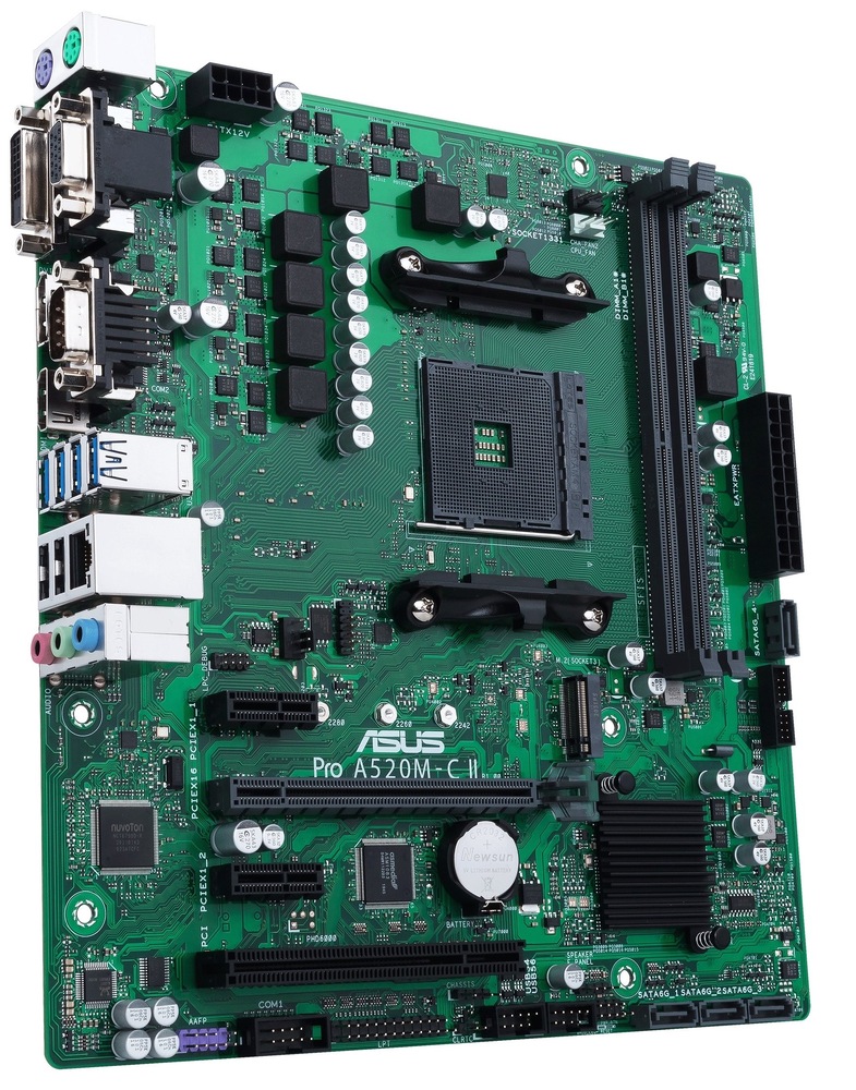 Základná doska Asus Pro A520M-C II/CSM Pohľad na základnú dosku. Vidíme aj bočné porty pre externé zariadenia. Sú tu aj zachytené všetky sloty pre inštaláciu komponentov.