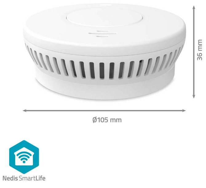 Rozmery detektora dymu Nedis SmartLife Wi-Fi priemer 105 mm a výška 36 mm