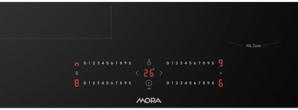 Indukčná varná doska Mora VDIS 67H C čierna Detail dotykového ovládacieho panelu indukčnej dosky Mora VDIS67HC s LED displejom a XXL zónou.