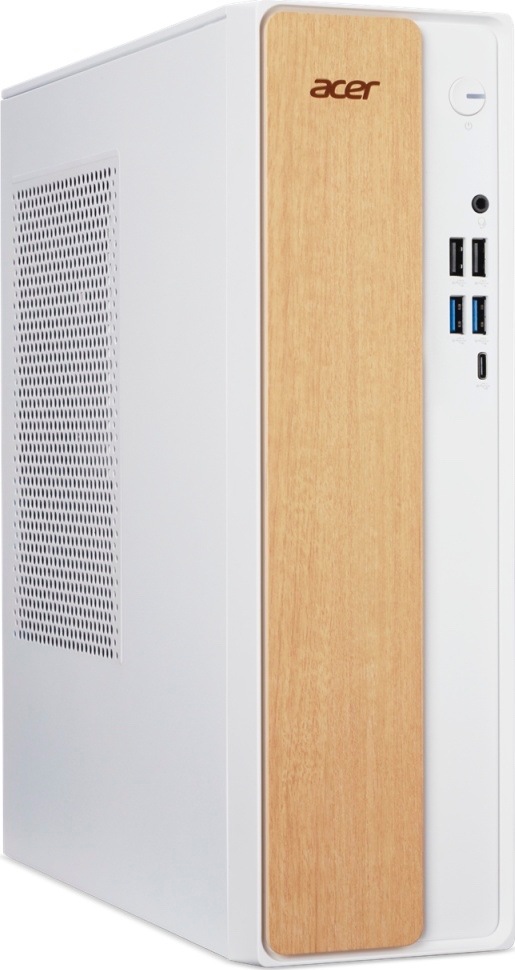Stolný počítač Acer Aspire XC-102 biely/hnedý Biely počítač Acer Aspire XC-102 v kompaktnej skrini SFF, zobrazený šikmo spredu. Prednej strane dominuje zvislý panel v dekore svetlého dreva s logom Acer. Vedľa sú ovládacie prvky, zvukový konektor, štyri porty USB-A a jeden USB-C, na ľavej bočnici je ventilačná mriežka.