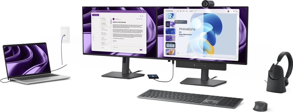 Pracovná zostava s dvoma šedými monitormi Dell Pro P 24 P2426HE umiestnenými vedľa seba. Dopĺňa ich notebook, webkamera, soundbar, klávesnica, myš a náhlavná súprava.