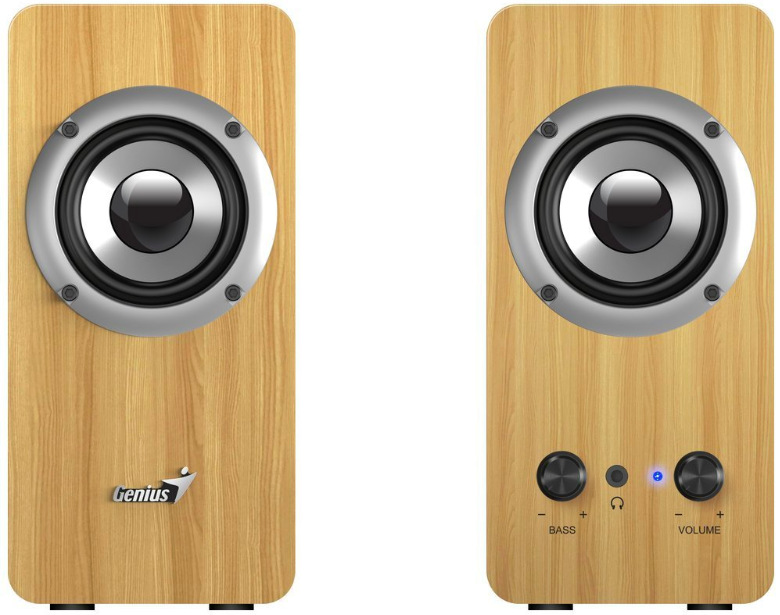 Reproduktory Genius SP-HF400 Light wood béžové Detail prednej časti reproduktorov Genius SP-HF400 s drevenou ozvučnicou a kovovým rámčekom meniča