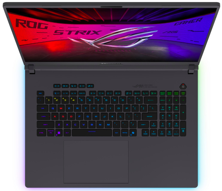 Notebook Asus ROG Strix G18 sivý Pohľad zhora na 18" displej, podsvietenú klávesnicu a numerickú časť