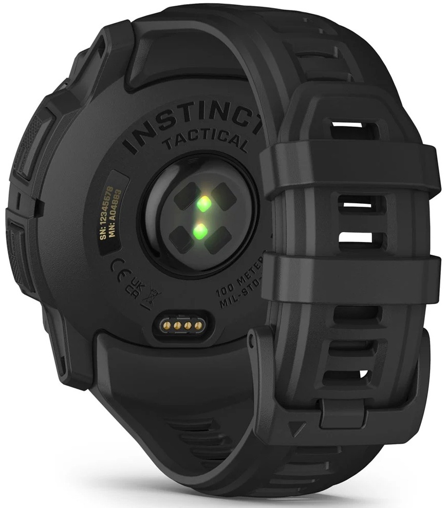 Inteligentné hodinky Garmin Instinct 3 - 50 mm AMOLED - Tactical Edition čierne Zadná strana hodiniek Garmin Instinct 3 so svietiacim senzorom