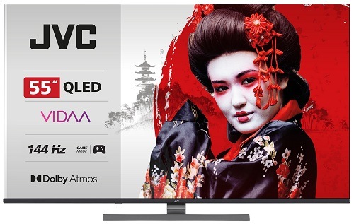 JVC TV LT-55VDQ9535 s QLED, operačným systémom VIDAA, 144 Hz DLG a zvukom Dolby Atmos. Na ľavej strane obrazovky sú kľúčové parametre a vpravo je zobrazená žena v tradičnom japonskom kimone s výrazným make-upom, podčiarkujúca kvalitu obrazu