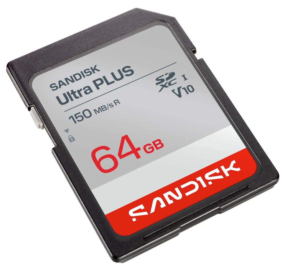 Pamäťová karta SANDISK SDXC Ultra Plus 64GB UHS-I U1 (150R) Pamäťová karta SanDisk Ultra Plus SDXC zachytená pod uhlom s viditeľnými parametrami výkonu