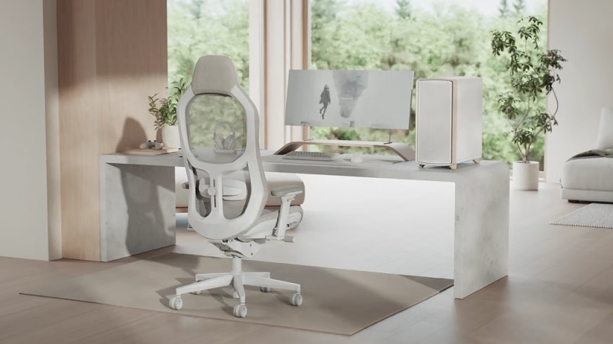Case FRACTAL DESIGN Summit Chalk White TG Clear Tint biela FRACTAL DESIGN Summit Chalk White TG Clear Tint ako súčasť minimalistického bieleho počítačového pracoviska