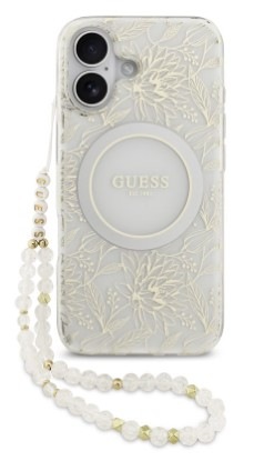 Kryt na mobil Guess IML Flowers Allover Strap MagSafe na Apple iPhone 17 biely