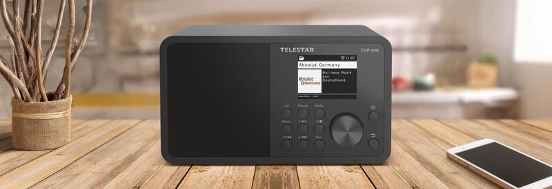 Internetový rádioprijímač s DAB+ Telestar TOP 200 čierny Internetové rádio Telestar TOP 200 v čiernom prevedení s farebným displejom a ovládacími tlačidlami na prednom paneli