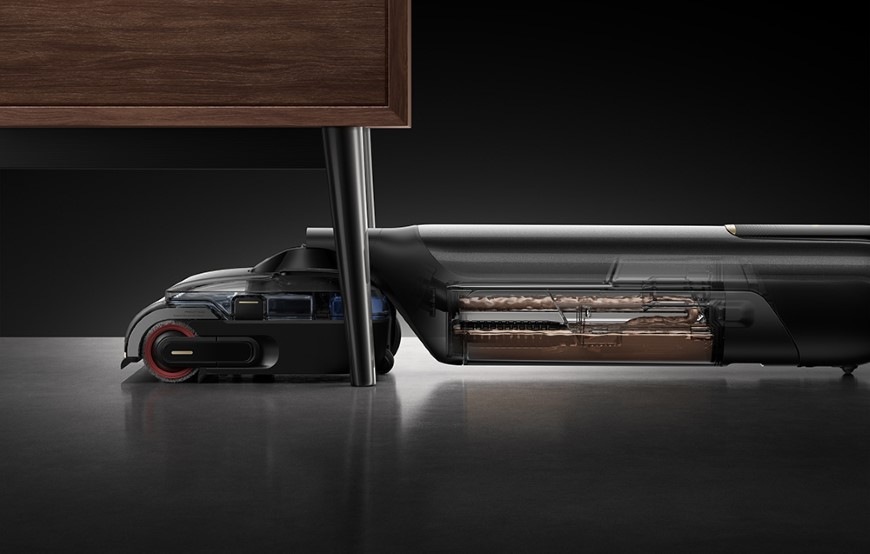 Viacúčelový vysávač MOVA M50 Pro čierny Vysávač MOVA M50 Pro v 180° polohe pri upratovaní pod nábytkom