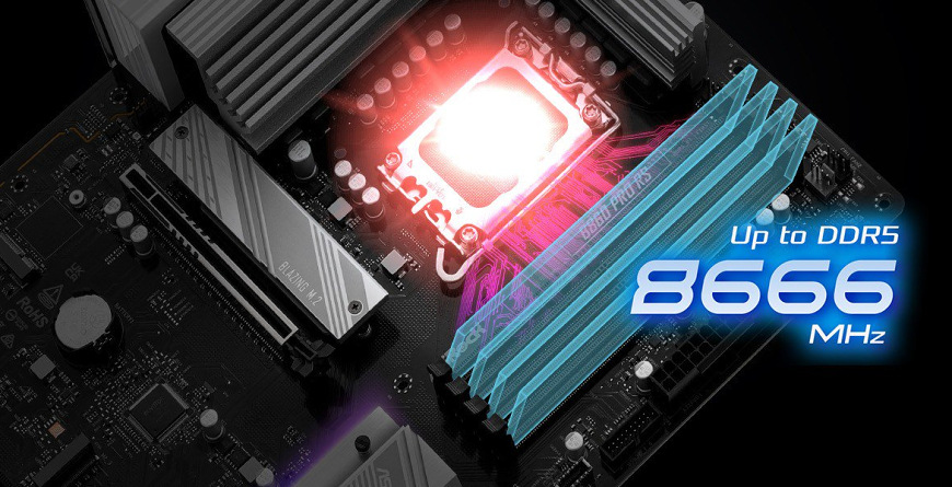 Základná doska ASRock B860 Pro RS Detail slotov DDR5 na základnej doske ASRock B860 Pre RS s podporou frekvencií až 8666 MHz