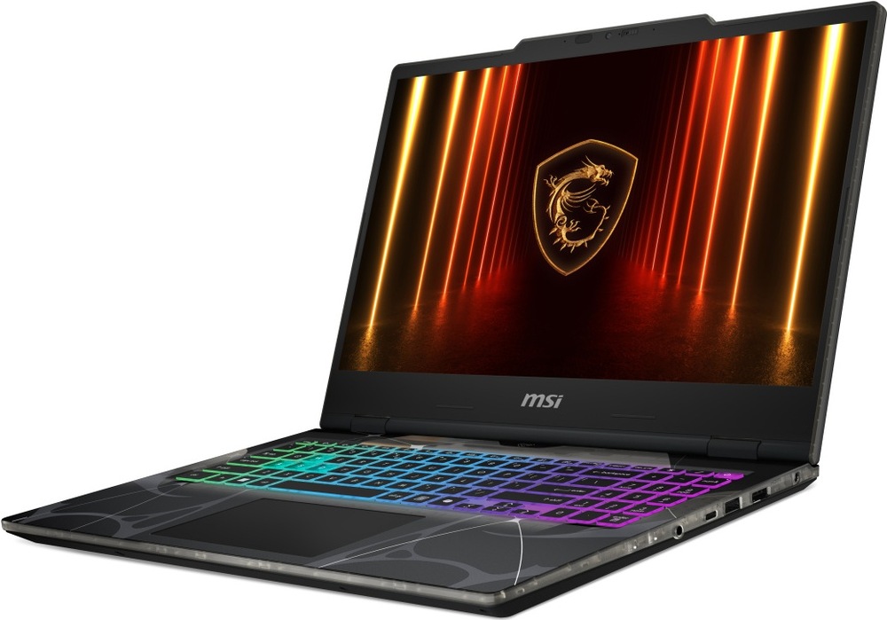 Notebook MSI Cyborg 15 B13WEKG-1222XCZNN čierny Herný notebook MSI Cyborg 15 B13W z predného bočného uhla s RGB podsvietenou klávesnicou a futuristickým dizajnom