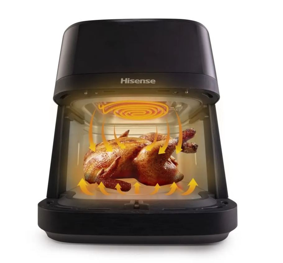 Fritéza teplovzdušná Hisense HAF1800DCD DUAL HEATER čierna kura sa pečie v teplovzdušnej fritéze Hisense HAF1800DCD DUAL HEATER