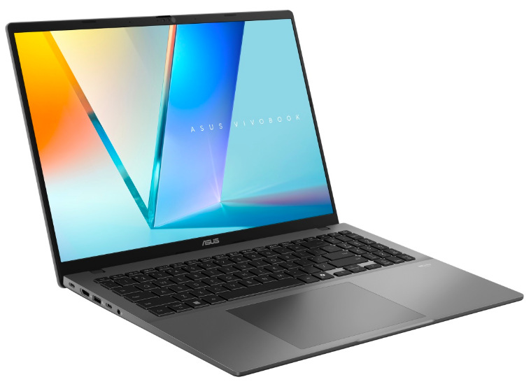 Notebook Asus Vivobook S16 strieborný ASUS Vivobook S16 z ľavého uhla s OLED displejom, klávesnicou a touchpadom