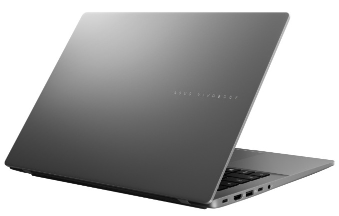 Zadná strana šedého ASUS Vivobook S14 s konektormi na ľavom boku