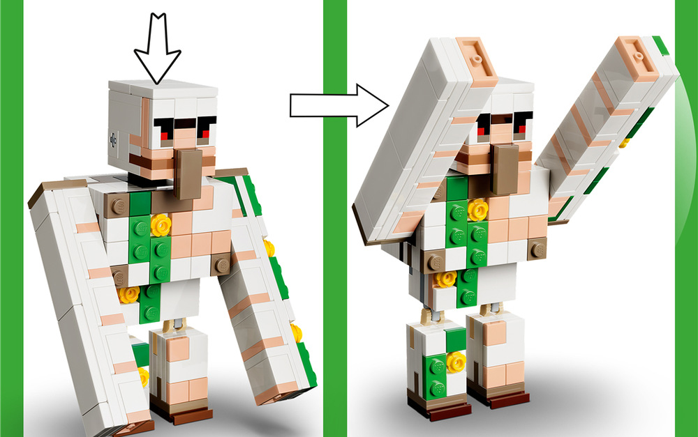 Stavebnica LEGO® Minecraft® 21592 Kuřecí žokej a útok v poušti Železný golom vysoký cez 11 cm sa stane výraznou ozdobou izbičky aj základom ďalších dobrodružstiev.