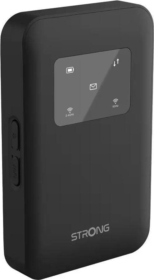 Prenosný hotspot Strong 4G+MIFI900 bez displeje čierny Na obrázku je prenosný hotspot Strong 4G+MIFI900 v čiernom prevedení zachytený šikmo spredu. Má malé vreckové telo so zaoblenými rohmi a hladkým matným povrchom. Na prednej strane je tmavý lesklý panel so stavovými ikonami pre batériu, správy a Wi-Fi siete 2,4 GHz a 5 GHz. Na ľavom boku sú vidieť dve zapustené fyzické tlačidlá a dole na čele logo STRONG.