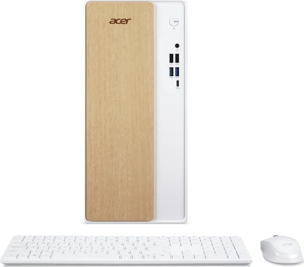 Na obrázku je stolný počítač Acer Aspire TC-102 i5-14100 v bielom prevedení spoločne s bielou klávesnicou a myšou. Skriňa má vysoký hranatý tvar a predný panel s dekórom svetlého dreva a logom Acer. Na pravej strane čelného panelu je tlačidlo napájania, 3,5 mm audio konektor, štyri porty USB-A a jeden port USB-C. Pred počítačom leží plnohodnotná klávesnica s numerickou časťou a vpravo kompaktná myš.