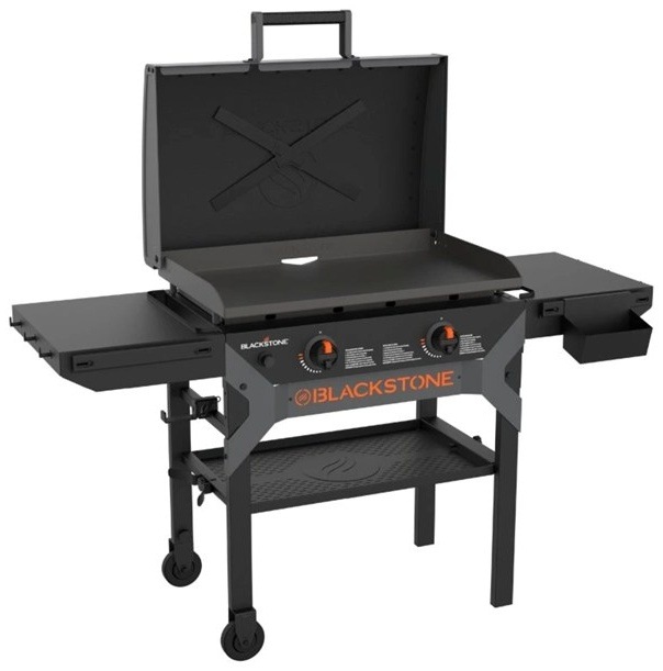 Blackstone 28" Omnivore griddle s otvorenou pokrievkou, šedý rám, kolieska, bočná krabička.